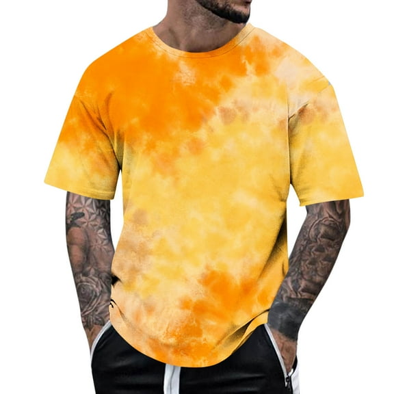 JSheng Men's Tie-dyed Printed T-shirt Summer Man Round Neck Short Sleeve Pullover Loose Oversize Tops Yellow L