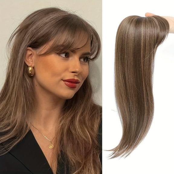 XmhyTop Hair Topper for Women with Thinning Hair, 18 Inch Long Clip-in 360° 3D Side Bangs Pieces, Chestnut Brown