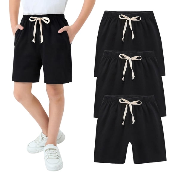 Ruyang 3 Pack Kids Cotton Linen Shorts Solid Casual Elastic Waist Wide Leg Shorts Summer Lightweight Beach Vacation Shorts