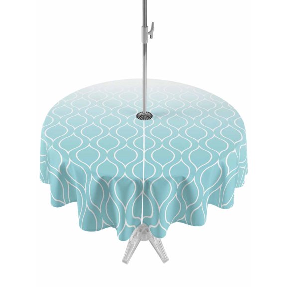 Outdoor Tablecloth with Umbrella Hole, Blue Morocan Spillproof Waterproof Outdoor Table Cover, Abstract Ombre Geometric Check Modern Patio Tablecloths for Party/Garden/Picnic, Round 54 inch
