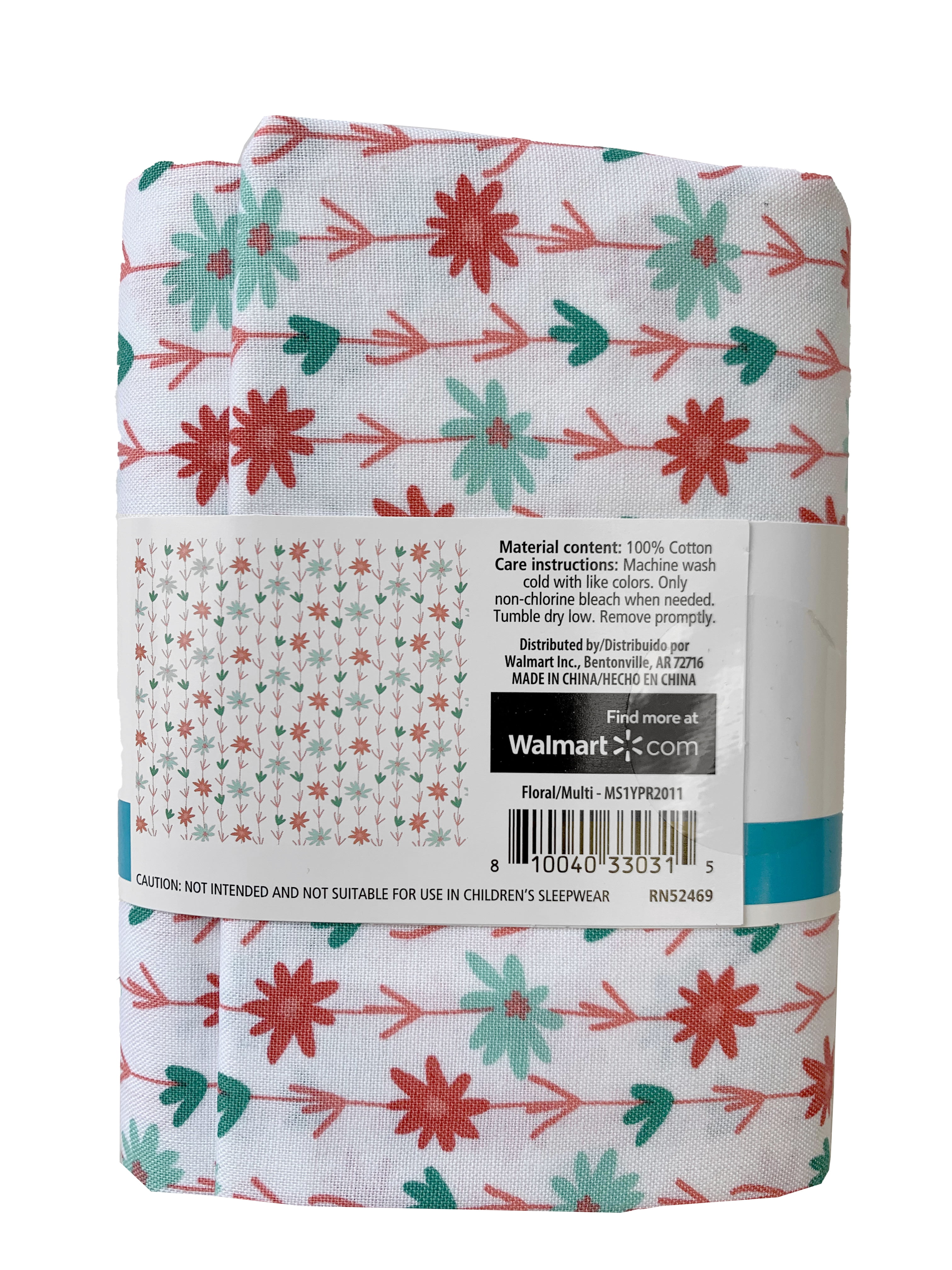 (3 pack) Mainstays 100% Cotton 44" Wide x 1 Yard Precut Flower Stripe Print Sewing & Crafting Fabric, 1 Each