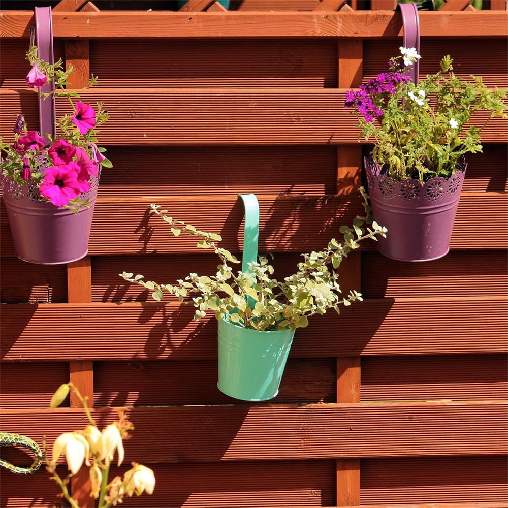 6Pcs Colorful Metal Iron Fence Planter,Hanging Flower Pots for Outdoor Indoor Plants with Removable Hooks,Tin Buckets Plant Pots,Multifunction Storage Box,Wall Fence Home Office Decor
