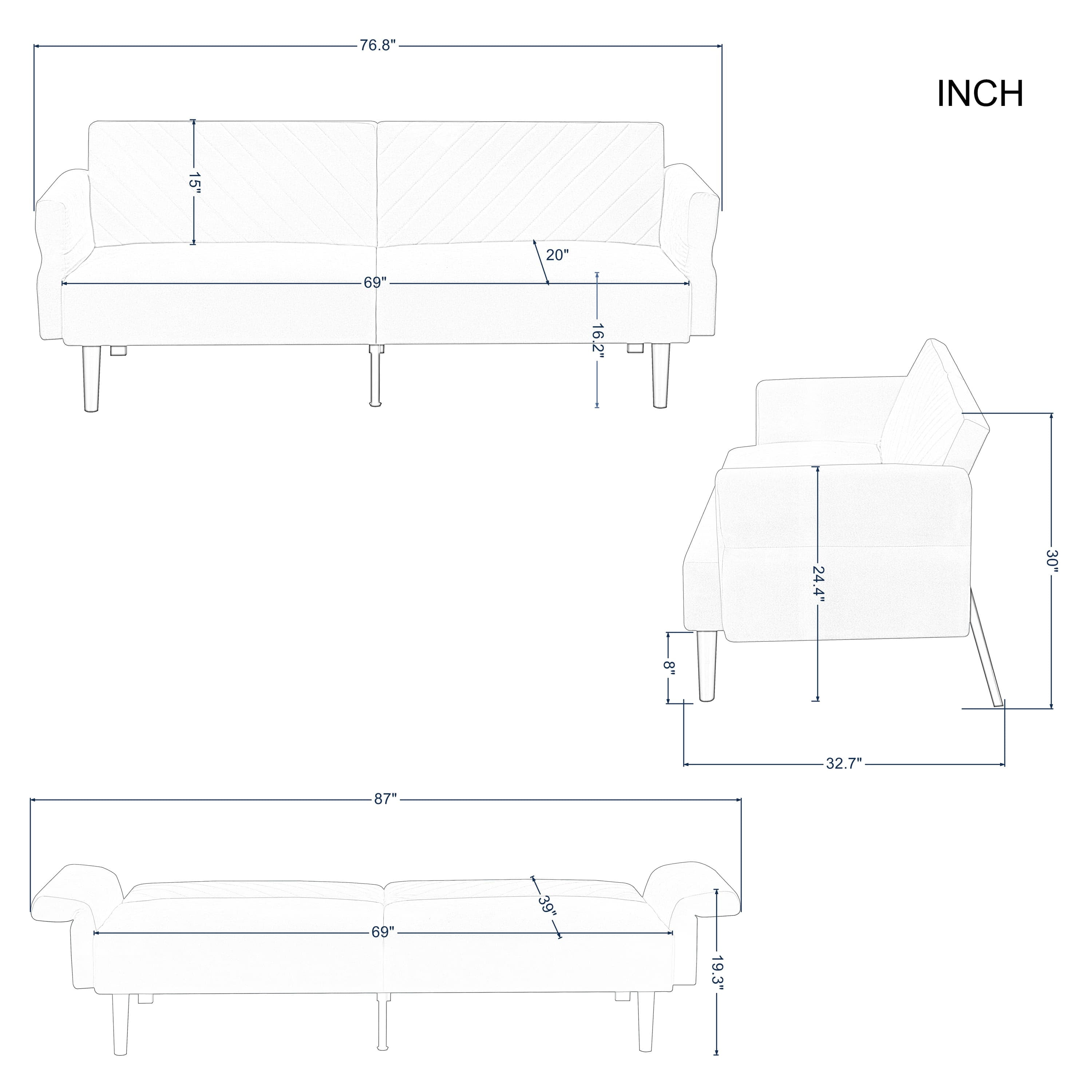 BSHTI 76.8”Tufted Back Futon Sofa,Twin Size Convertible Sleeper,with 5 Adjustable Backrest Positions and Adjustable Armrest,Perfect for Small Spacesc(Light Gray)