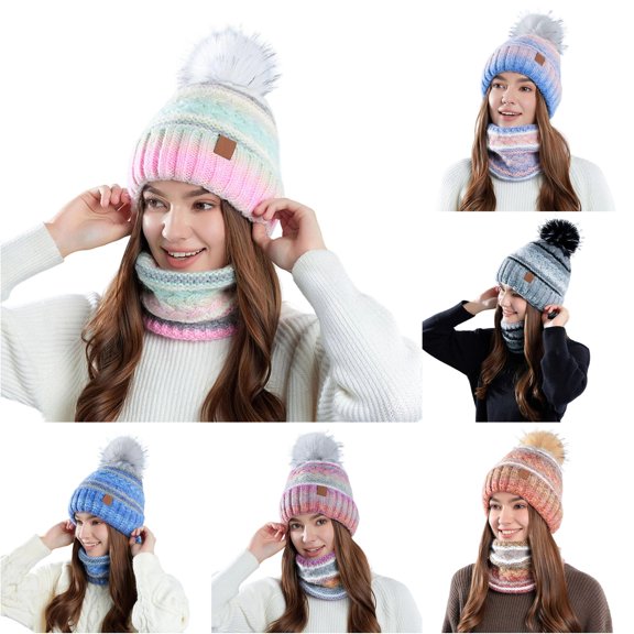 Daznico Striped Knitted Pom Pom Beanie and Neck Gaiter 2 Piece Set Soft Yarn Lined Thermal Winter Accessories Ear Protection for Ladies Outdoor Activities in Cold Weather