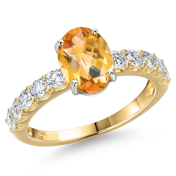 Gem Stone King 14K Two Tone Gold Yellow Citrine and Lab Grown Diamond Engagement Ring for Women | 2.30 Cttw | Oval Checkerboard 9X7MM | Gemstone November Birthstone | Size 5