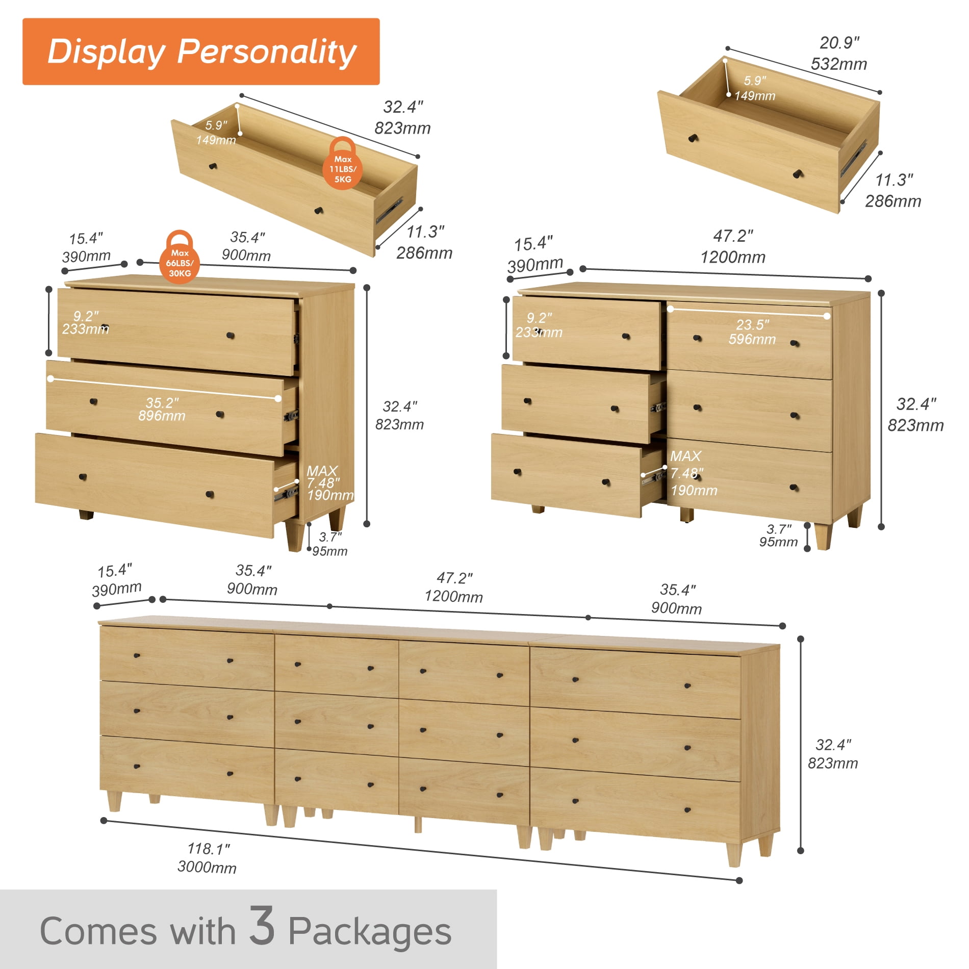 WAMPAT Modern TV Stand for 100+ Inches TVs, 3-in-1 Large Wooden Media Console with 12 Spacious Drawers for Living Room, Beige