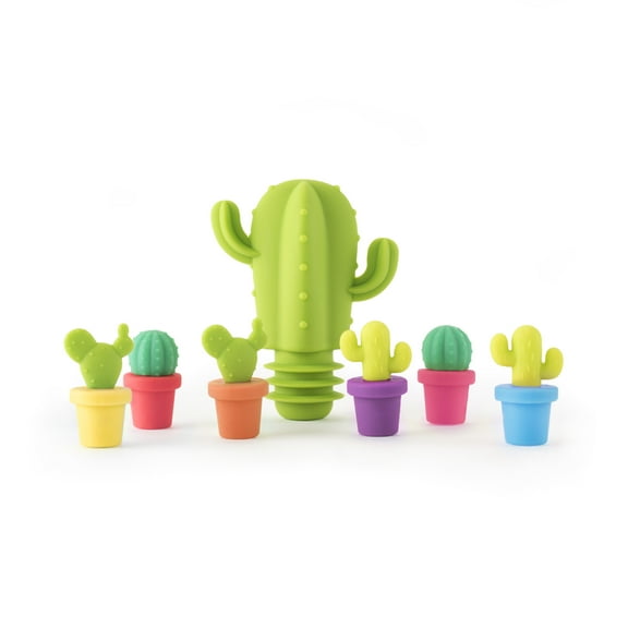 True Zoo Cactus Wine Glass Charms & Bottle Stopper Set, Silicone, Multi Color