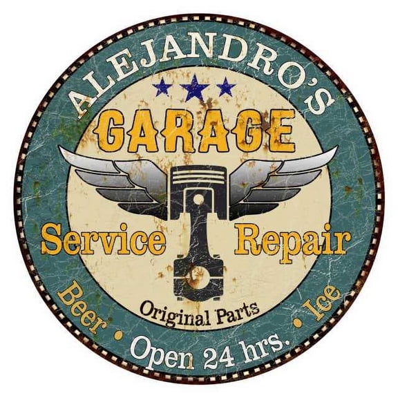 ALEJANDRO'S Garage 14" Round Metal Sign Man Cave Home Wall Decor 100140027488