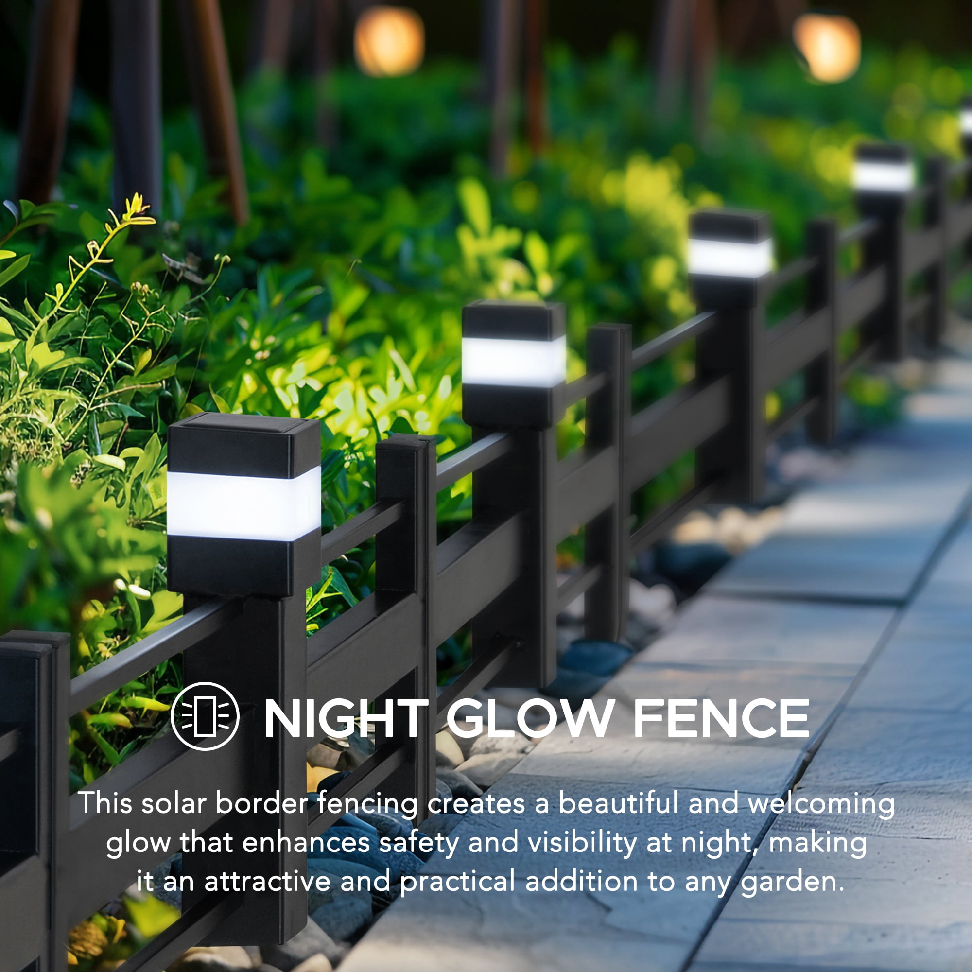 SUNJOY Garden Fence Solar Border Fencing with Waterproof LED Path Lights, Metal Strip Pattern Fence Panel Outdoor Decorative Garden Fences(5PK), Black