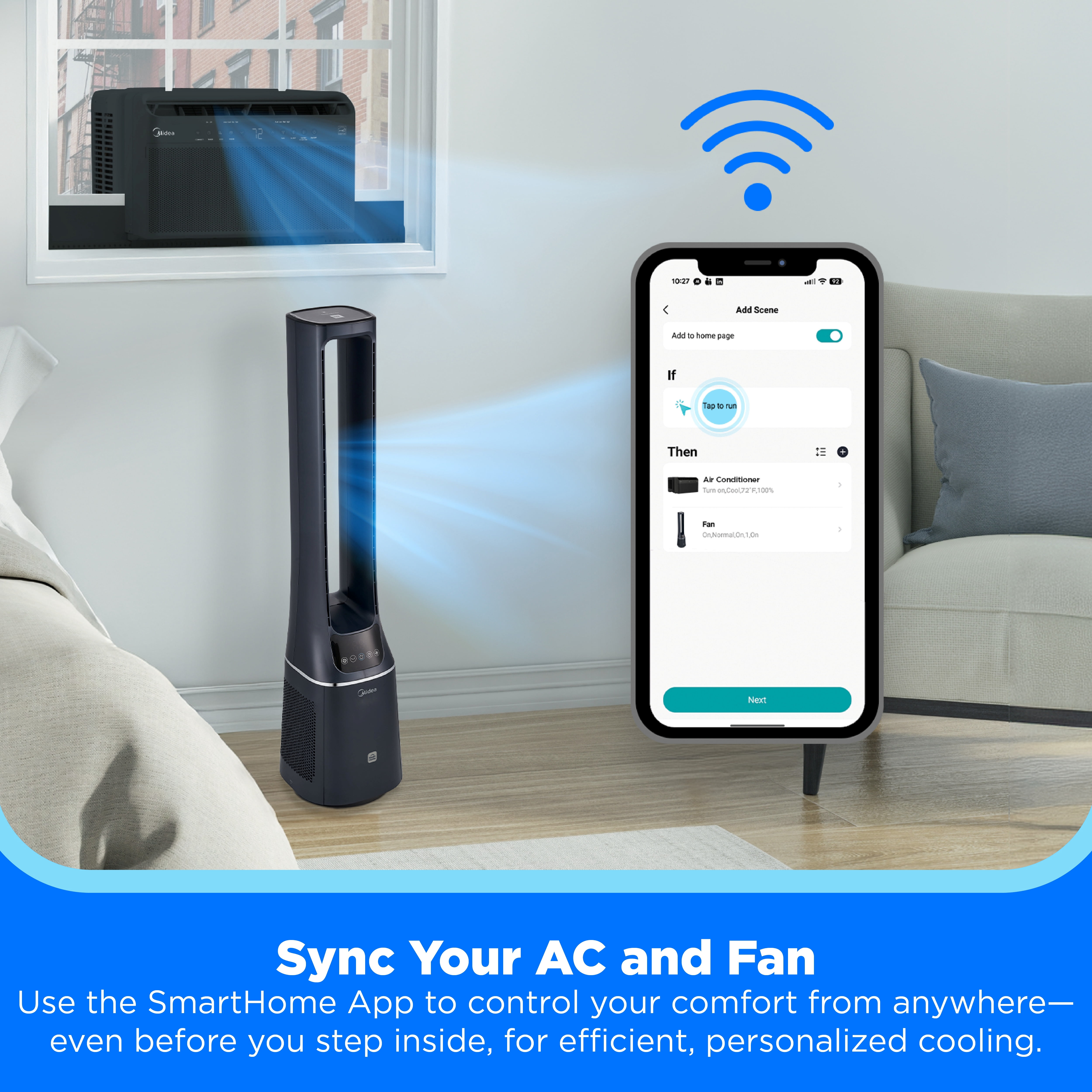 Midea 41-Inch Bladeless Tower Fan & HEPA Purifier, Smart WIFI Enabled, Remote, Blue, AMS150-PBW