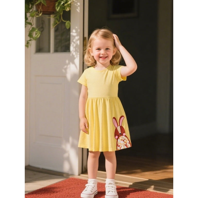 Hileelang Toddler Girls Short Sleeve Dress Cotton Casual Yellow Bunny Applique Jersey Shirt Playwear Dresses 3T, Toddler Girl's, Size: 3Years