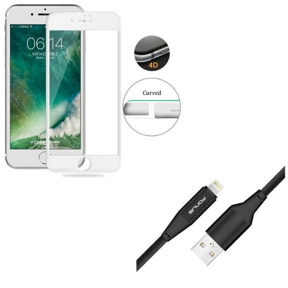 iPhone 8/7/6S/6 - Charger Cord 10ft USB Cable w Tempered Glass Screen Protector - Power Wire Braided Long Sync, 4D Touch Curved Edge Full Cover Bubble Free Case Friendly for iPhone 8/7/6S/6