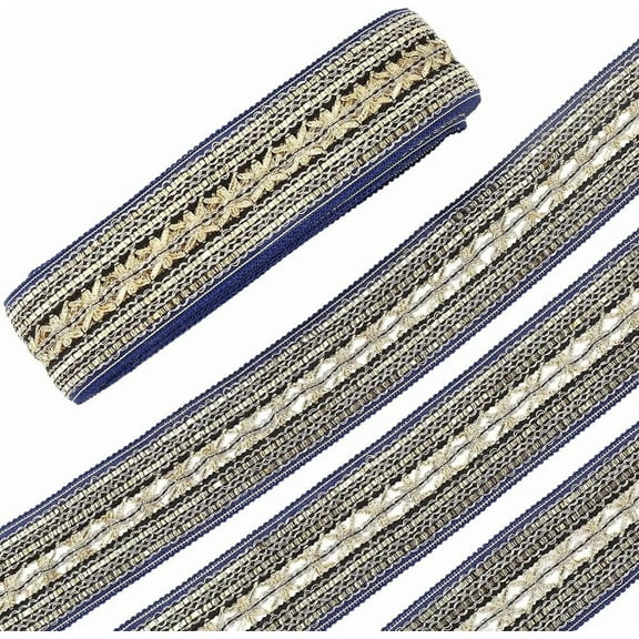 10 Yards 2 Inch Blue Gold Jacquard Ribbon Trim Tape Floral Embroidered Ribbons Flower Embroidery Metallic Woven Gimp Braid Fabric Applique Trimming for Sewing Making Crafts Clothes Costume