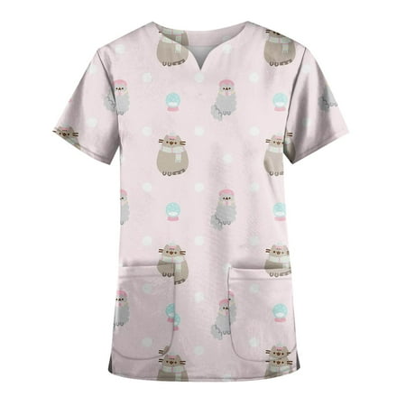 

TKing Fashion Women Plus Size Scrubs Top V-Neck Short Sleeve Fruit Print Pockets Work Blouse for Women Beige M
