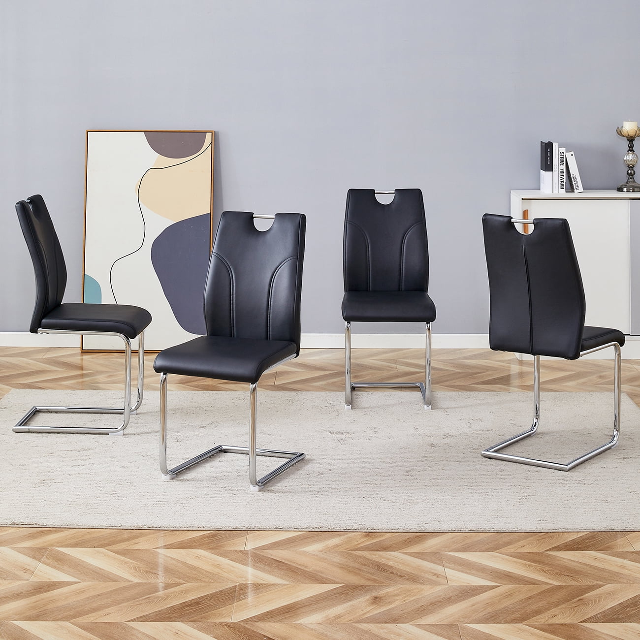 NYEESS Set of 4 Black PU Dining Chairs with Silver Metal Legs, Modern Ergonomic Seating for Kitchen or Office