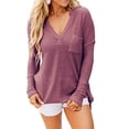 thumbnail image 1 of Tops de otoño para mujer, camisas de manga larga con cuello en V, informales, con abertura, Top holgado de talla grande con bolsillo en el pecho, rojo vino M, 1 of 5
