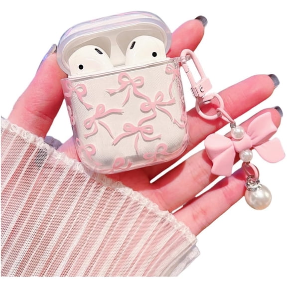 Compatible with AirPods 1&2 Clear Case,Cute Ribbon Bow Pretty Aesthetic Design with Bow Pearl Keychain,Soft TPU Protective Shockproof Case for Women Girl for AirPod 1&2-Pink