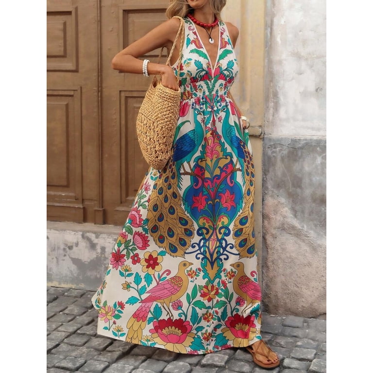 peacock halter dress Red Print Sleeveless Maxi For Summer Vacation Boho Style ethnic lehenga