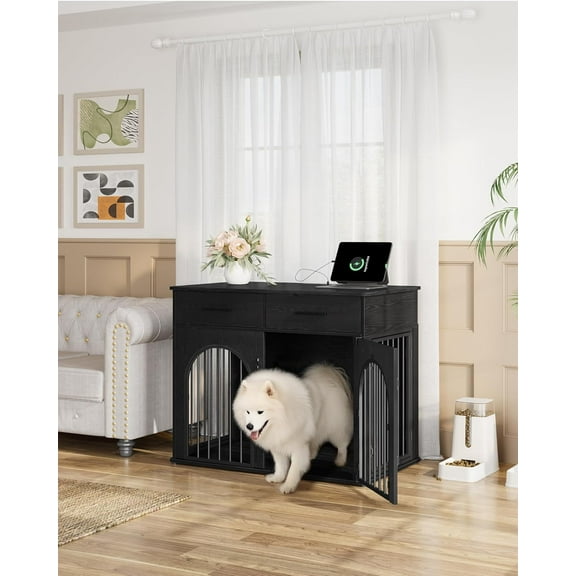 39.4" Dog Crate Furniture with 2 Storage Drawers, Heavy Duty Dog Kennel Indoor with Charging Station
