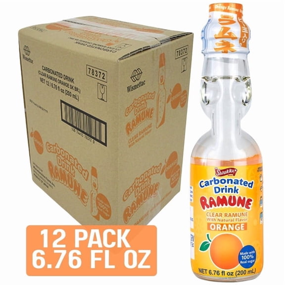 SHIRAKIKU Clear Ramune Japanese Carbonated Drink Orange No HFCS, 6.76 fl oz, 12 pack