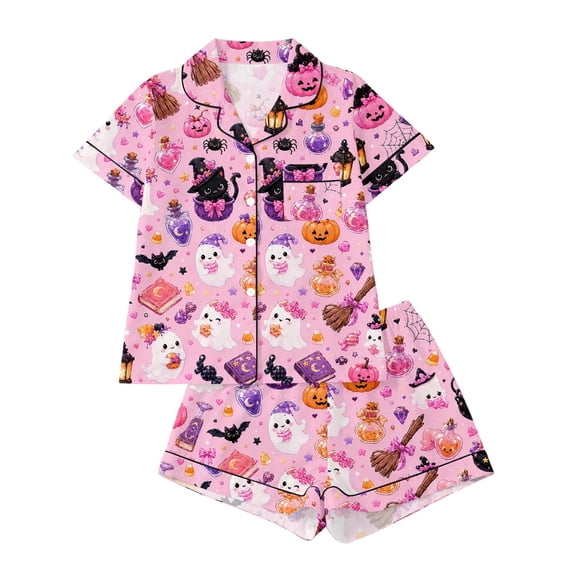 WOYY Halloween Pajamas for Girls Cute Short Sleeve Top Shorts PJs Sleepwear, Sizes 3-14