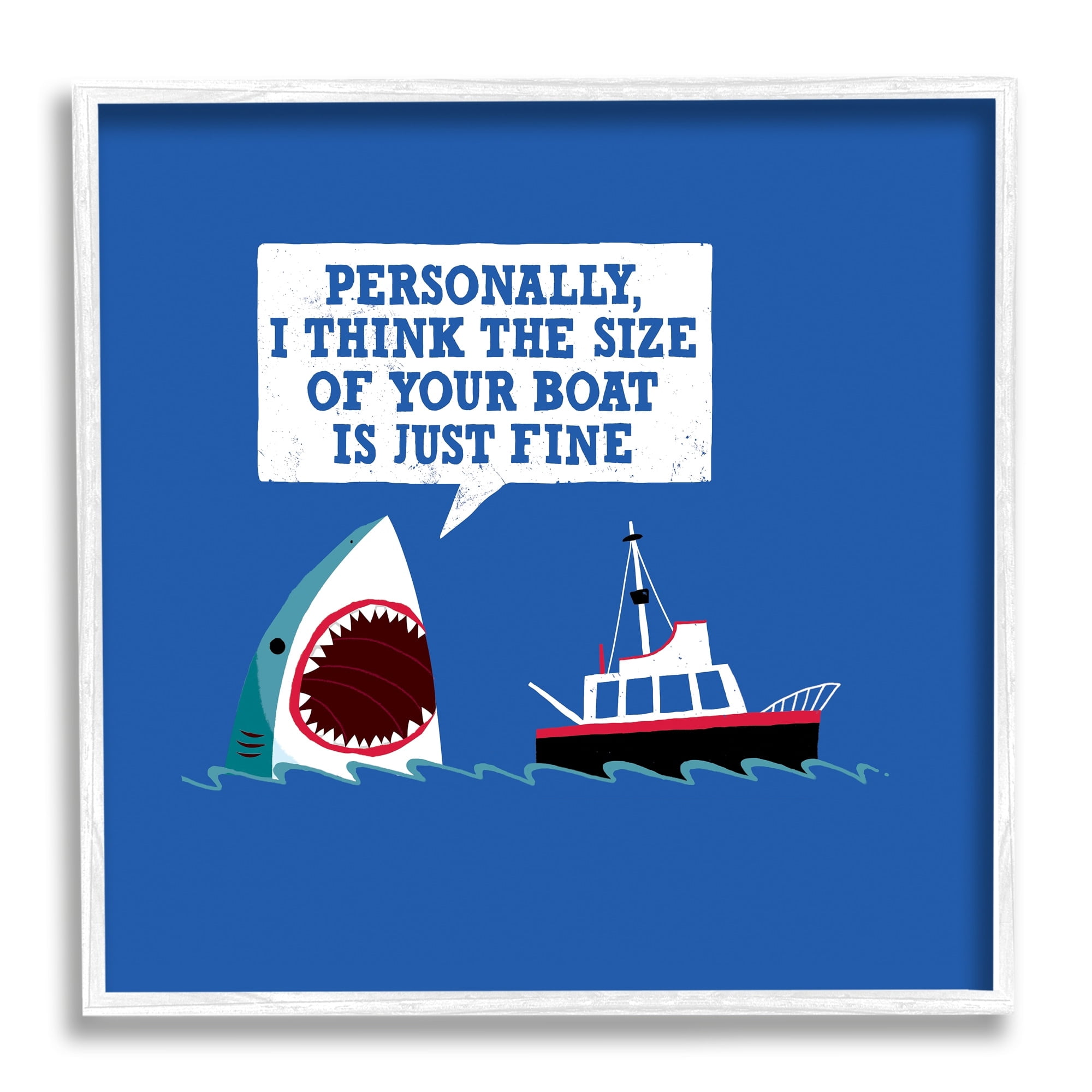 Stupell Industries Silly Shark Eating Boat Ship Blue Ocean Waves Framed Wall Art, 12 x 12, Design by Michael Buxton