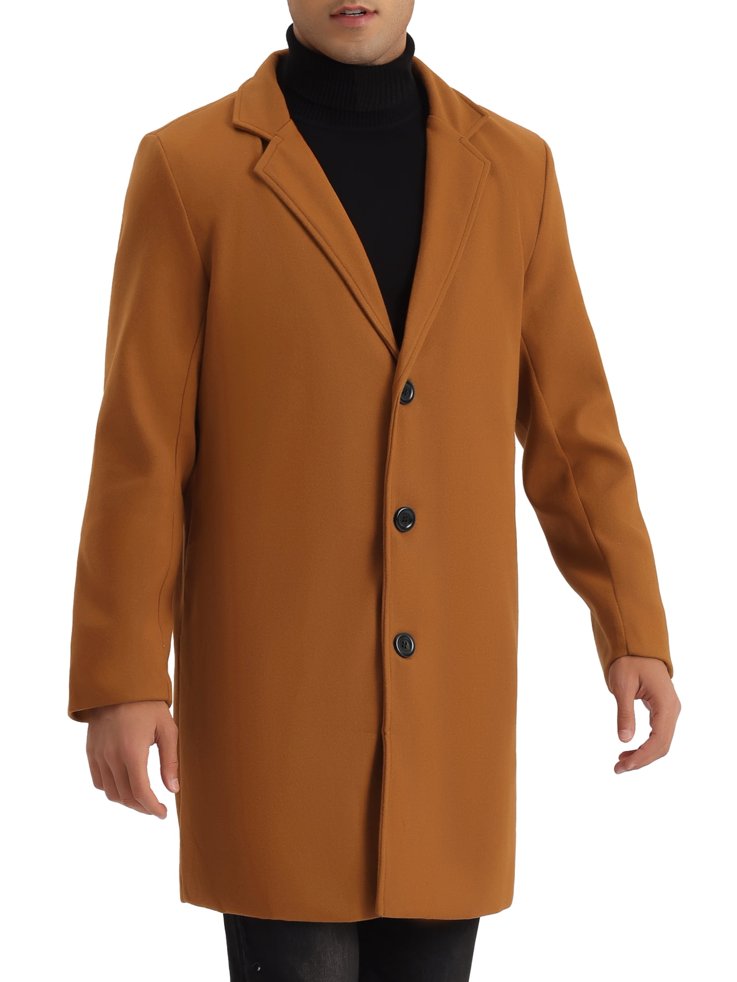 Unique Bargains Men's Slim Fit Notched Lapel Single Breasted Mid Length Overcoat S Brown