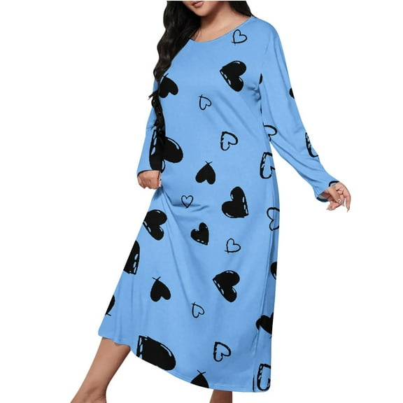 WMTBSRSW Plus Size Sleep Dress for Women Cute Graphic Long Sleeve Nightgowns Fashion Crewneck Nightdress Sleepwear Loungewear S-5XL