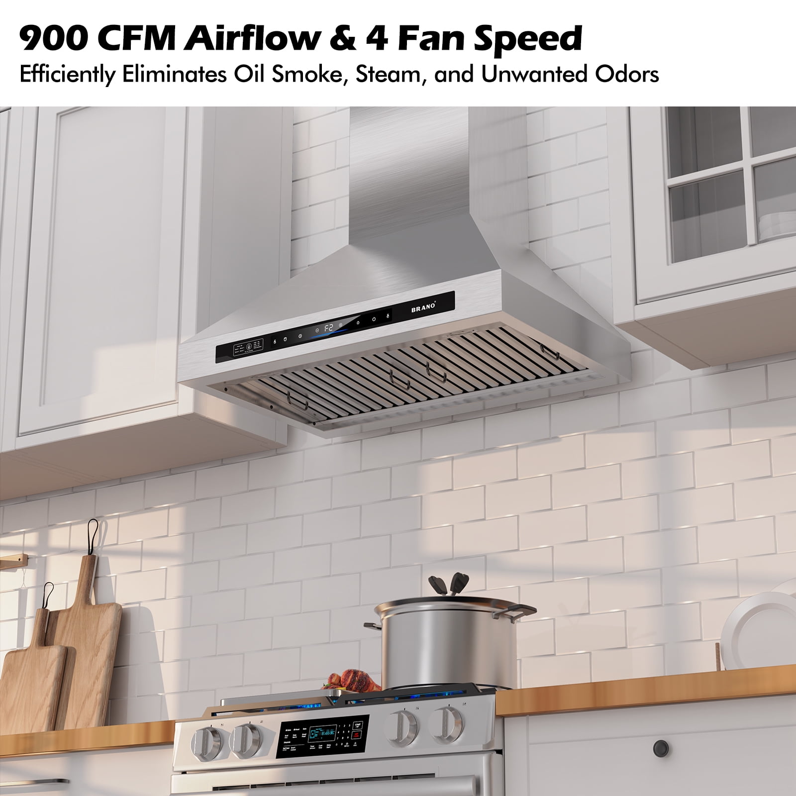 Brano 30 Inch Range Hood Wall Mount 900 CFM Ducted/Ductless Convertible Stainless Steel Vent Hood, Voice Gesture Touch Control Panel