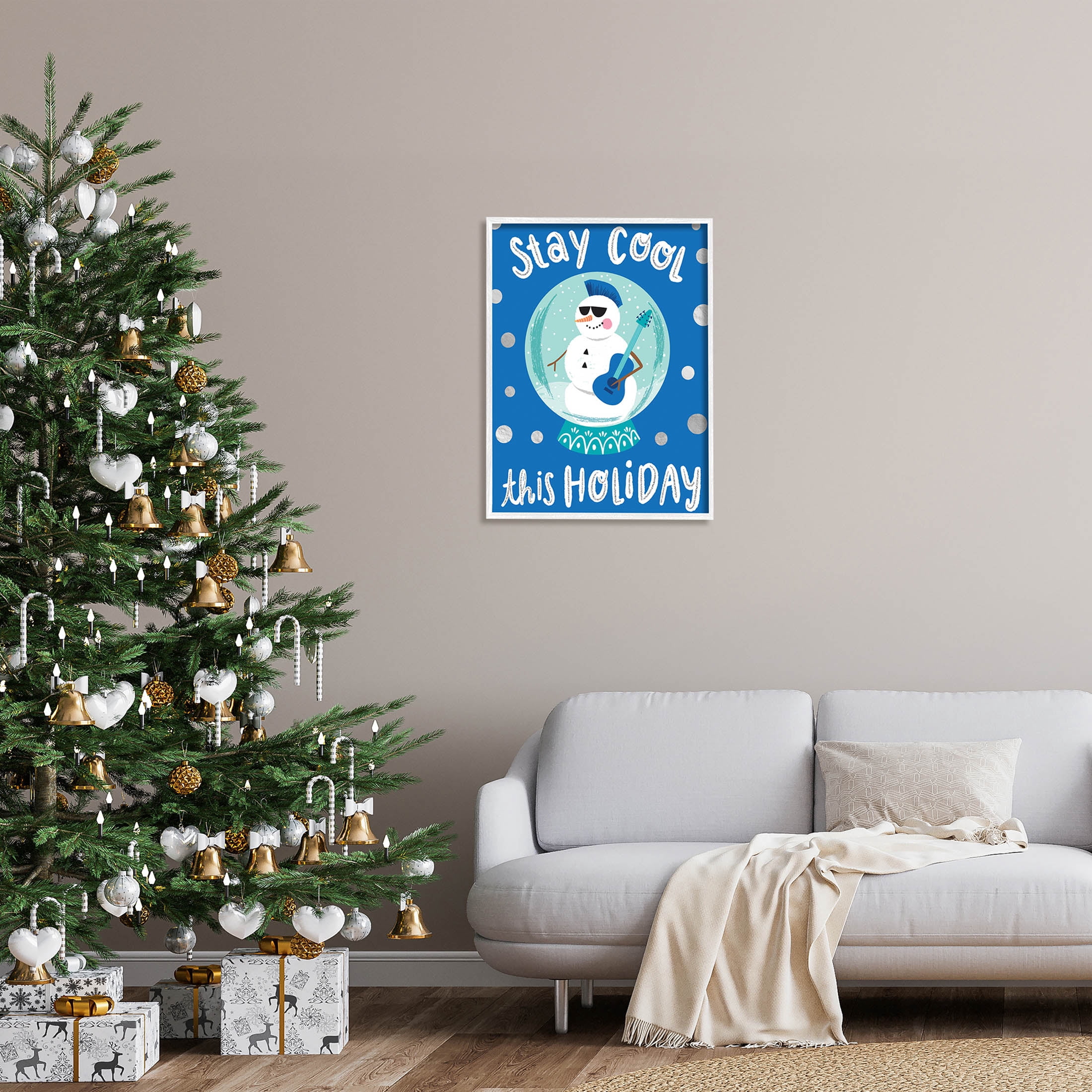 Stay Cool This Holiday Musician Snowman Holiday Graphic Art White Framed Art Print Wall Art