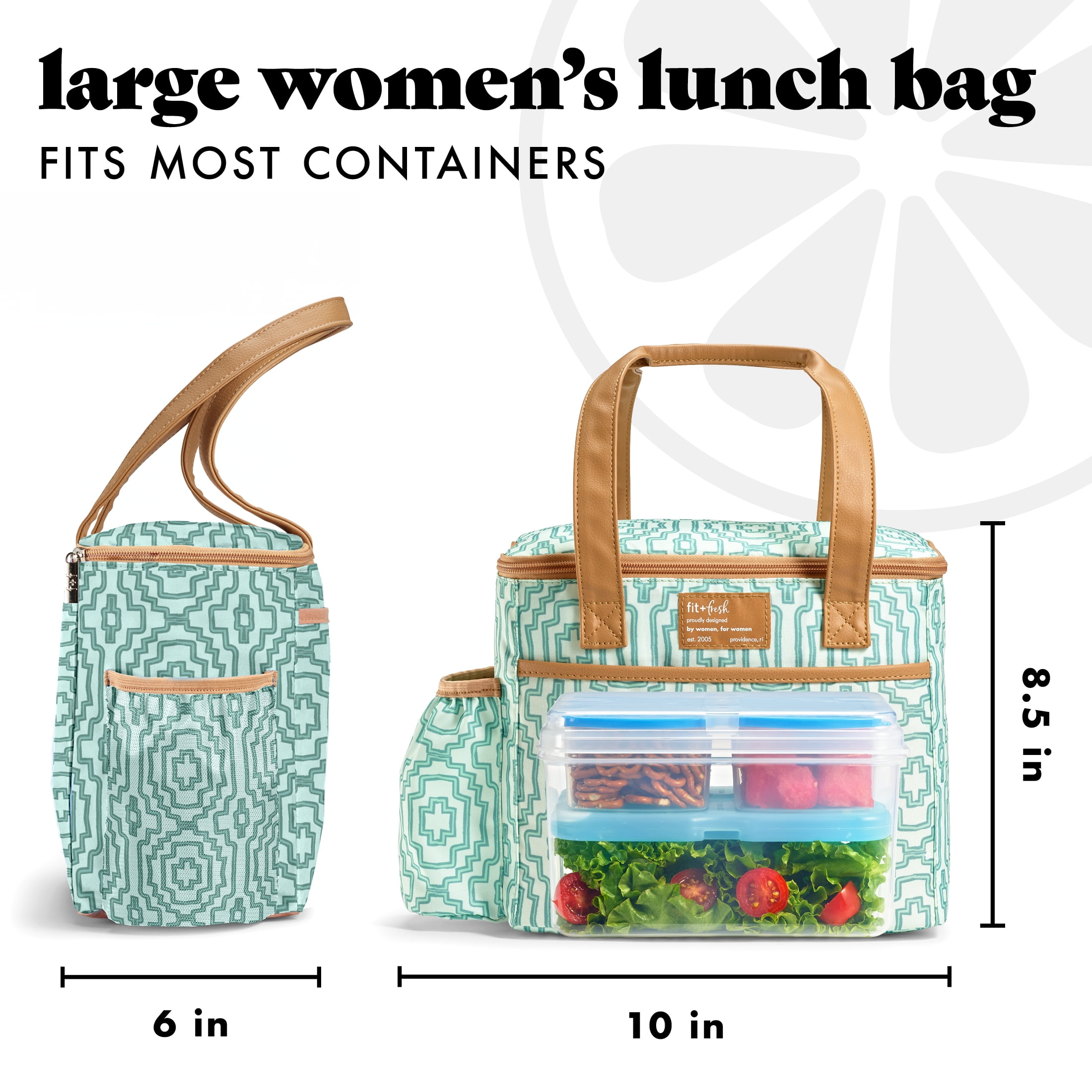 Fit & Fresh Mapleton Lunch Bag for Women, Lunch Cooler Tote, Reusable Insulated Lunch Bag, Art Deco Greeen