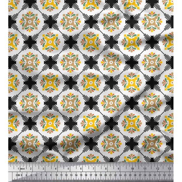 Soimoi Velvet Fabric Geometric & Flower Artistic Printed Fabric 1 Yard 58 Inch Wide