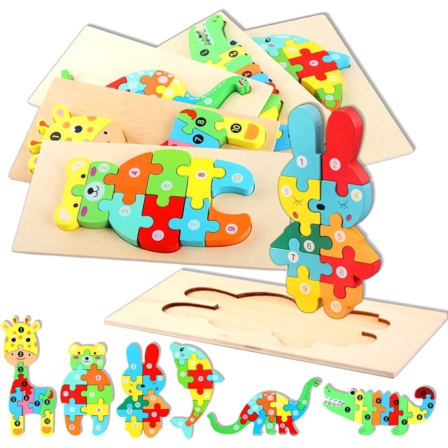Rompecabezas de madera de animales, juguetes de rompecabezas, animales de juguete Montessori para 1 2 3 4 años, juego de aprendizaje educativo de animales bebés para niños