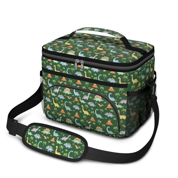 Dinosaur and Volcano Green Pattern Insulated Lunch Box for Women Men, Medium Leakproof Cooler Bag with Adjustable Strap, 10"x6.7"x8"