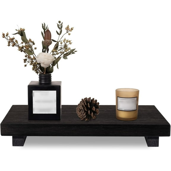 RUseeN Black Small Wood Tray Pedestal Stand Farmhouse Bathroom Decor Decorative Wooden Riser Kitchen Soap Dish Holder for Vanity, Counter, Sink, Large 8.6" x 3.6"