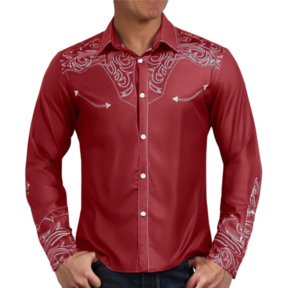 Men Western Cowboy Shirt Floral Embroidered Long Sleeve Button UP Shirt Turn Down Collar Top Slim Casual Spring Fall Red L