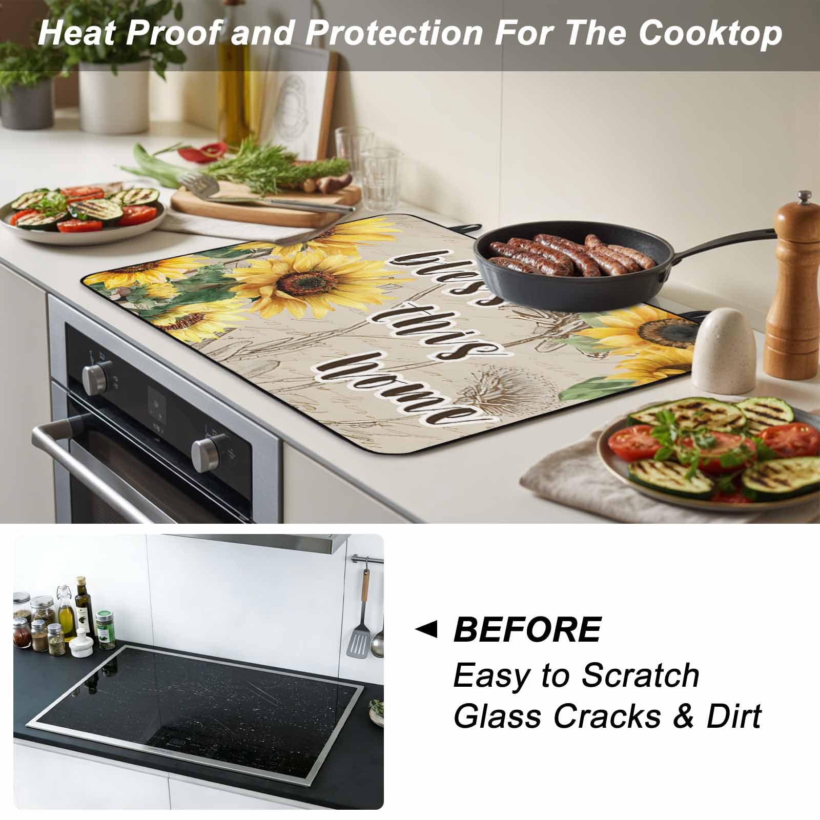 Sunflowers Stove Top Cover for Electric Stove, Heat-proof & Non Slip Glass Top Stove Cover Protector, Spring Farmhouse Flowers Dragonflies Retro Kitchen Flat Cooktop Rubber Mat 24x21 Inches