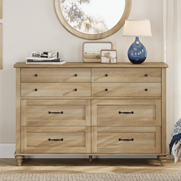Oak 8 Drawer Dresser for Bedroom, Wooden Chest of Drawers for Living Room