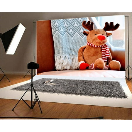 Image of GreenDecor 7x5ft Toy Reindeer Backdrop Christmas Sofa Carpet Interior Happy New Year Photography Background Kids Children Adults Photo Studio Props
