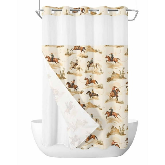 No Hook Cloth Fabric Shower Curtain with Snap in Liner, Western Cowboy Waterproof Shower Curtains Set with See Through Top Window, Vintage Country Horse Plants Art Bath Curtains Shower 36"x72"
