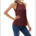 thumbnail image 2 of Tops de Lentejuelas con Cuello Halter para Mujer, Sin Mangas, Brillantes, Fruncidos, Fluidos y Brillantes, para Club, Fiestas. Vino Tinto M, 2 of 7
