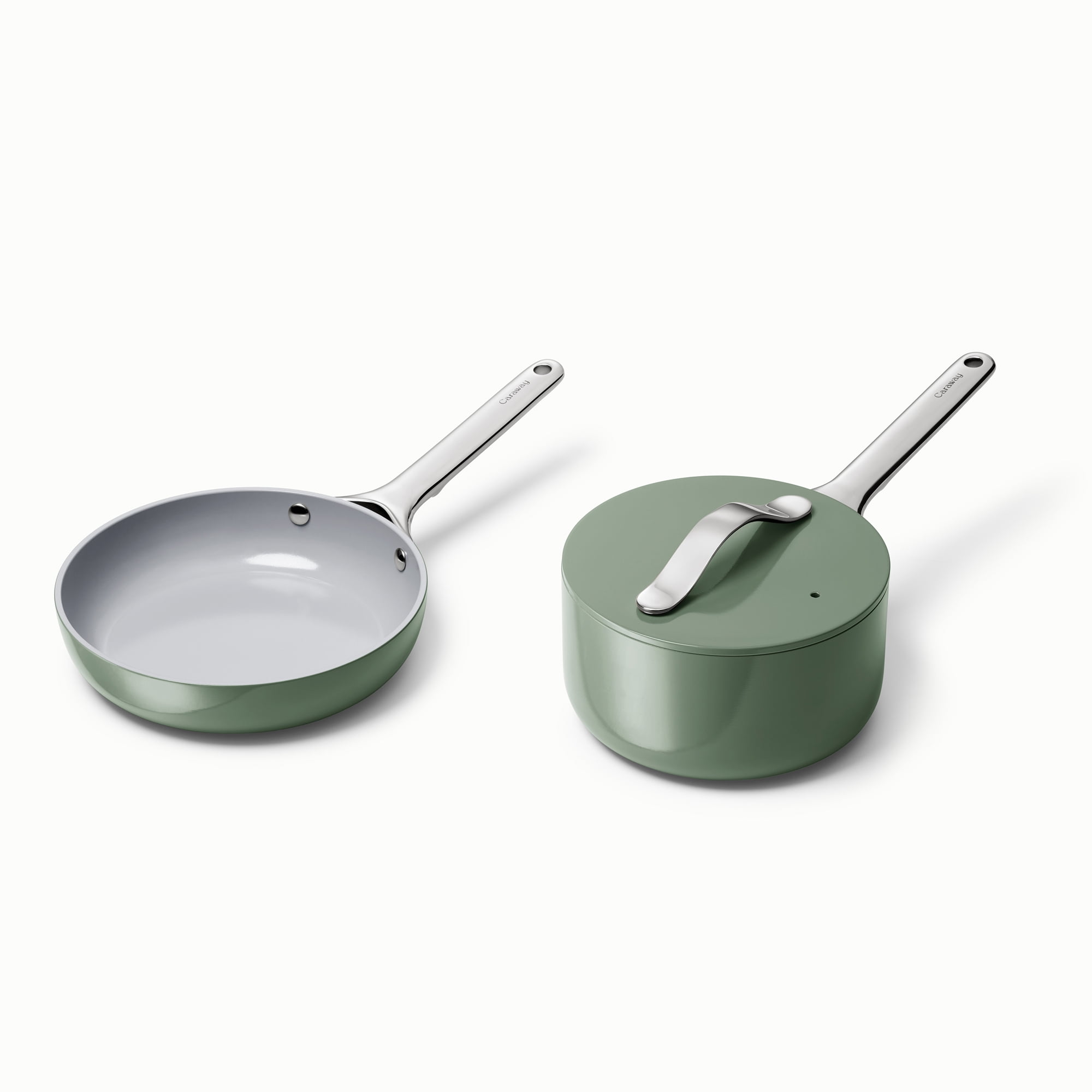 Caraway Mini Cookware Set - Non-Stick Ceramic Fry Pan (1.05 qt, 8") Sauce Pan (1.75 qt) & Storage Rack - Oven Safe & Stovetop Agnostic (Gas, Electric & Induction) - Sage