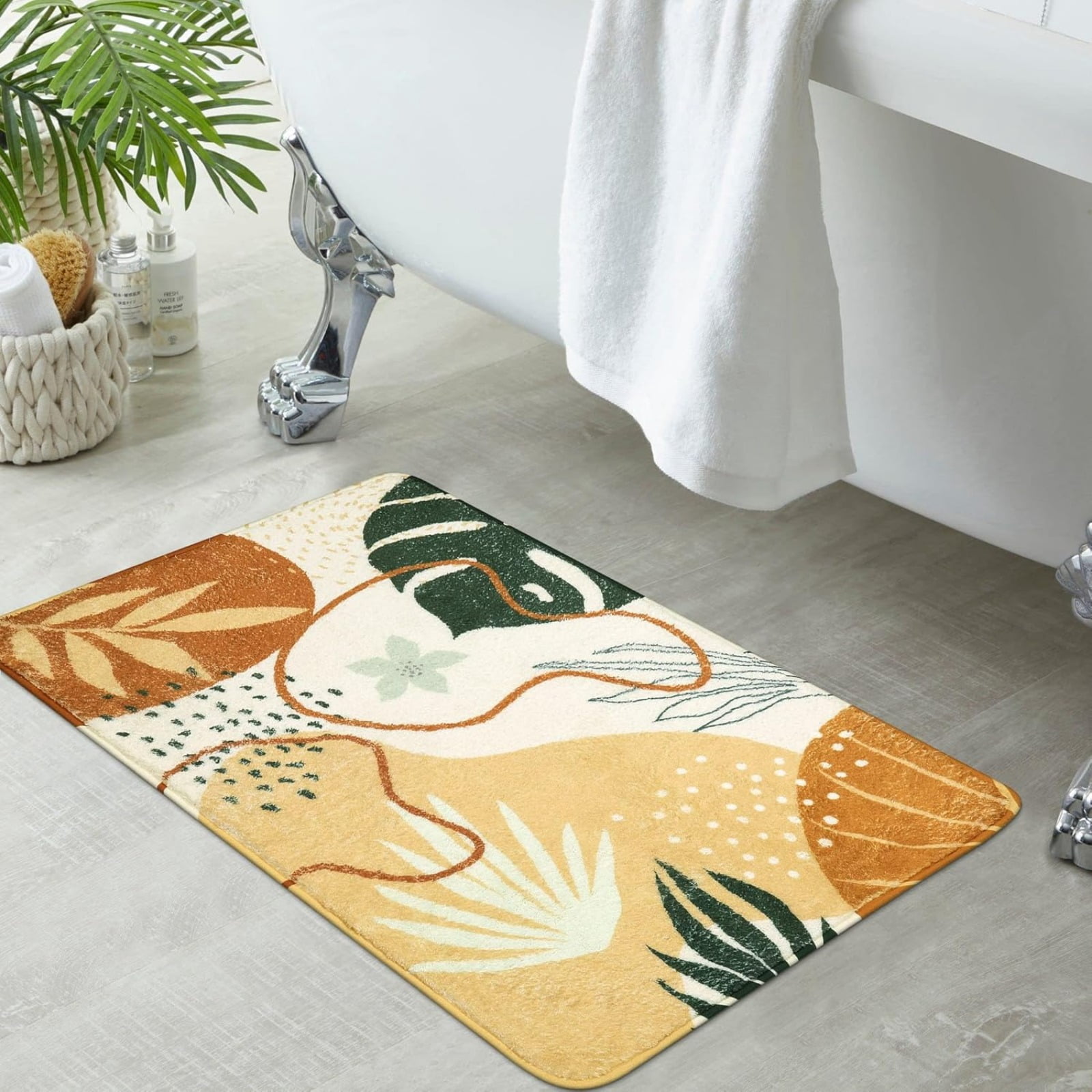 Bathroom Runner Rug Modern Abstract Long Bath Mat Non-Slip Cute Green Plant Bath Rug Soft Velvet Machine Washable Floor Mats for Bathroom Tub Shower