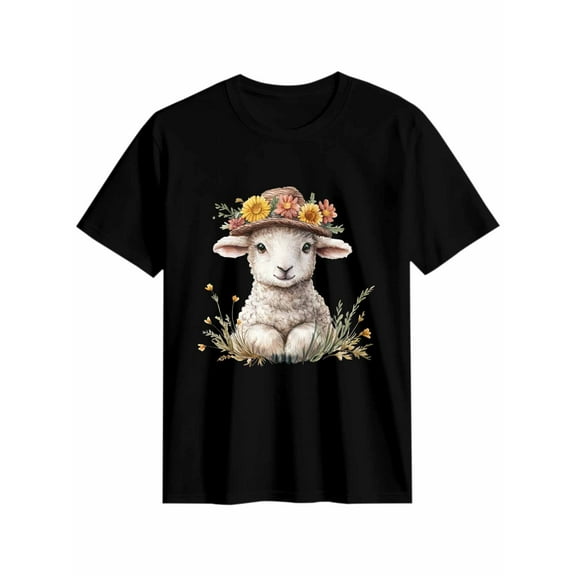 Women's T-Shirt Cute Little Sheep Daisy Flowers Short Sleeve Casual Tee Classic Crew Neck T Shirt for Women Black, 2XL
