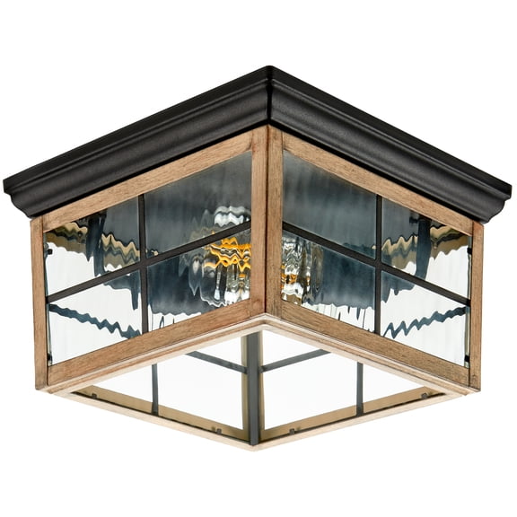Maxxima Outdoor Flush Mount Ceiling Light Fixture, Wood Grain Porch Light w/ Water Glass, Bulbs Not Included