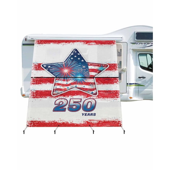 4th of July RV Awning Sun Shade Screen 9'X7' American Flag Mesh Sunscreen Patriotic Star Fireworks 250 Years Awning Shade Screen with Zipper UV Blocker Completed Kits for RV Motorhome Camper