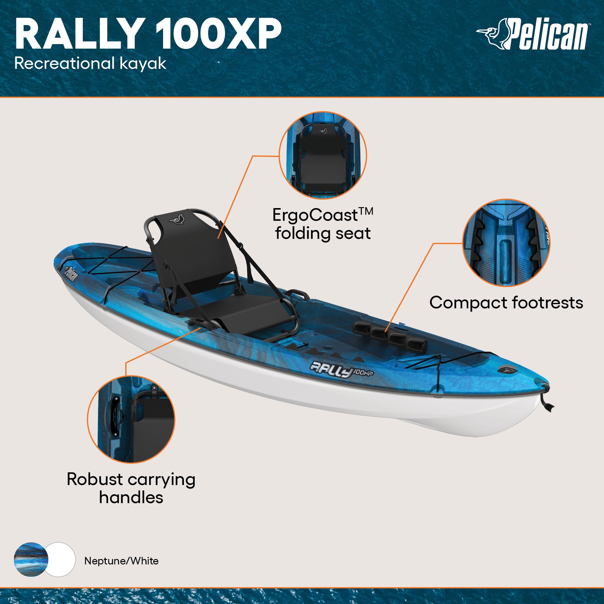 (2 pack) Pelican - Rally 100XP - Sit-on-Top Angler Fishing Kayak -  One person -10 ft - Neptune/White