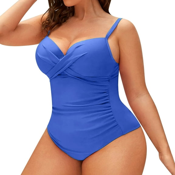 Wxolcjlv Plus Size Swimsuit For Women Solid Color Bikini Ruched Detail Underwire Removable Padded Cups Pool Party Wear