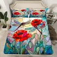 thumbnail image 2 of Ensemble de Draps-Housses Coquelicot Rouge Taille Complète 4 Pcs, Draps pour Adolescents Fleurs Rouges Jardin Rustique Libellule, Ensembles de Literie Patchwork Style Vitrail Artistique (1 Drap-Housse, 1 Drap Plat, 2 Taies d'Oreiller), 2 of 6