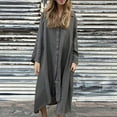 thumbnail image 2 of Robes d'Été en Lin pour Femmes, Manches Longues Retroussées, Robe Chemise Maxi Boutonnée, Décontractée, Couleur Unie, Col Rabattu, avec Poche, Gris Foncé, 2 of 7